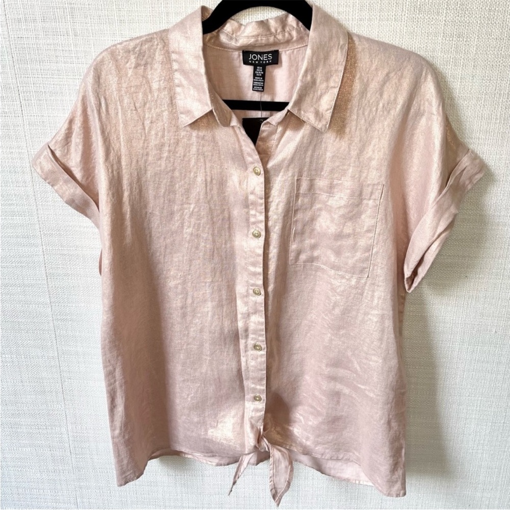 JONES NY Rose Gold Linen Metallic Short Sleeve Tie Front Blouse